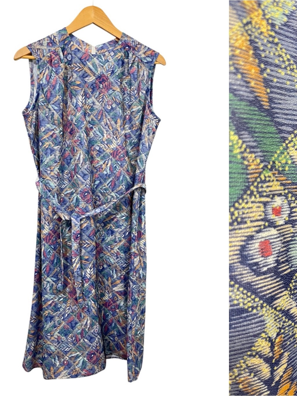 Vintage Handmade Sleeveless Blue Multicolor Printed Tie-Waist Dress